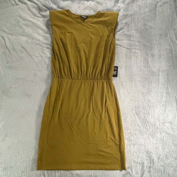 Express Dresses & Skirts - NWT Express‎ Olive Green Shoulder Pad Midi Dress Size M Elastic Waist